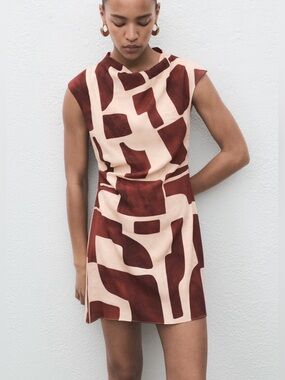 Mango sleeveless mini dress in cream and rust-brown abstract print
